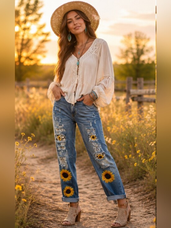 Denim - Size 12 Lrg Distressed Boyfriend Jeans Sunflower Leopard Patchwork Stretch Denim